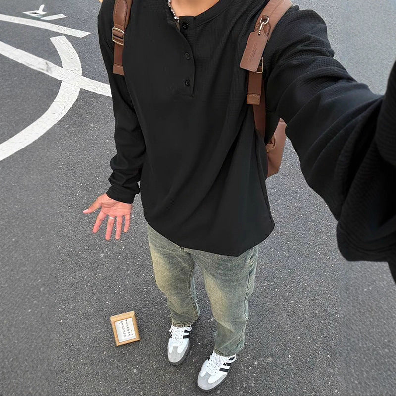 ワッフルヘンリーネックロングスリーブTシャツ