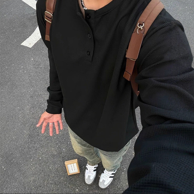 ワッフルヘンリーネックロングスリーブTシャツ