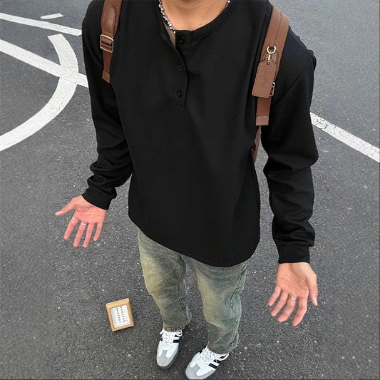 ワッフルヘンリーネックロングスリーブTシャツ