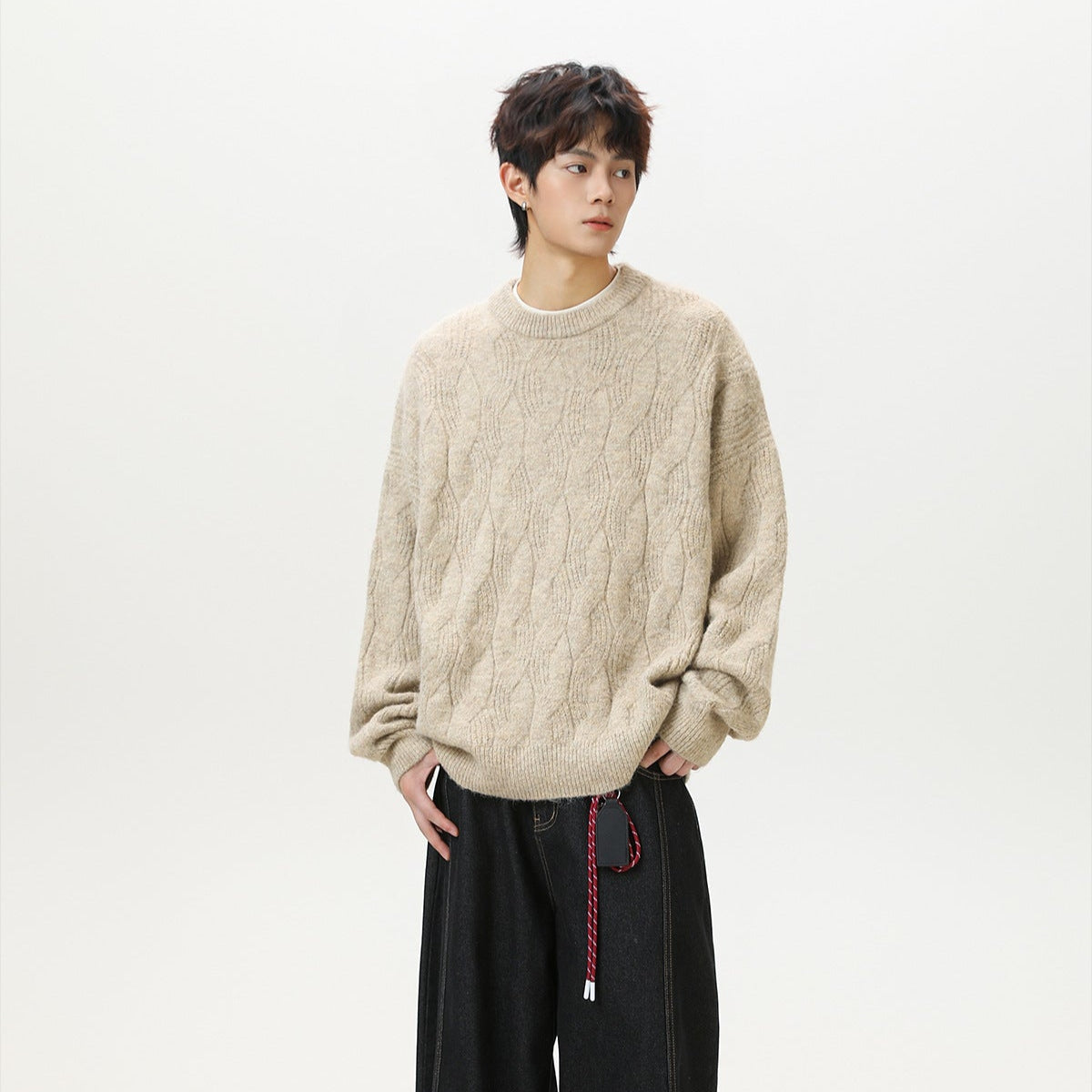 ケーブルテクスチャ クルーネックニット