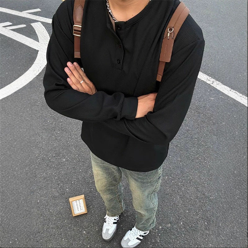 ワッフルヘンリーネックロングスリーブTシャツ