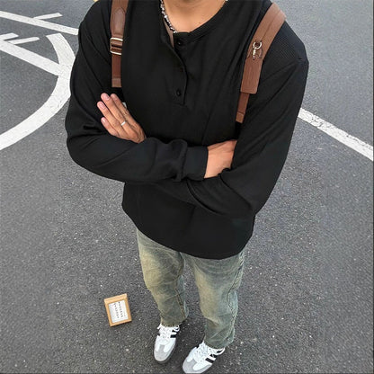 ワッフルヘンリーネックロングスリーブTシャツ