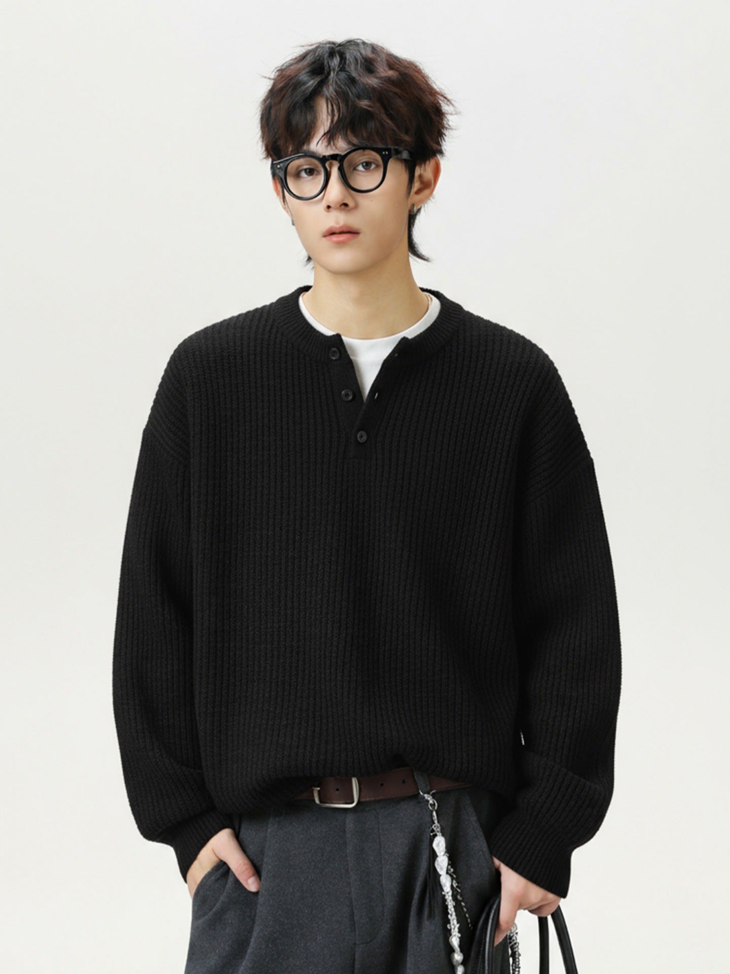 ケーブルニット ヘンリーネックセーター