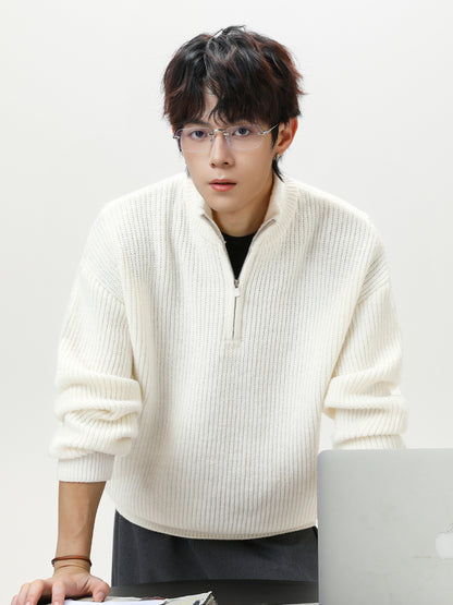リブ編み ハイネックジップセーター