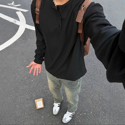 ワッフルヘンリーネックロングスリーブTシャツ