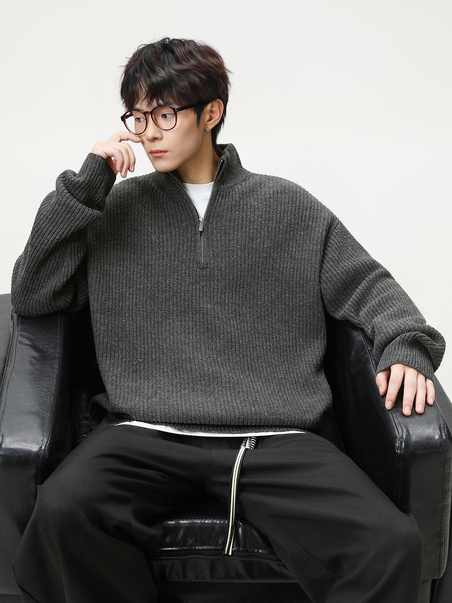 リブ編み ハイネックジップセーター