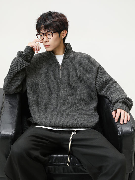 リブ編み ハイネックジップセーター