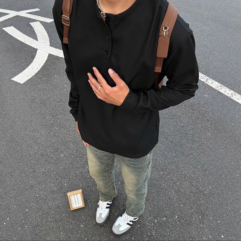 ワッフルヘンリーネックロングスリーブTシャツ