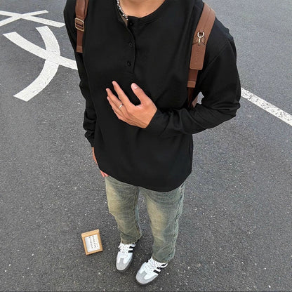 ワッフルヘンリーネックロングスリーブTシャツ