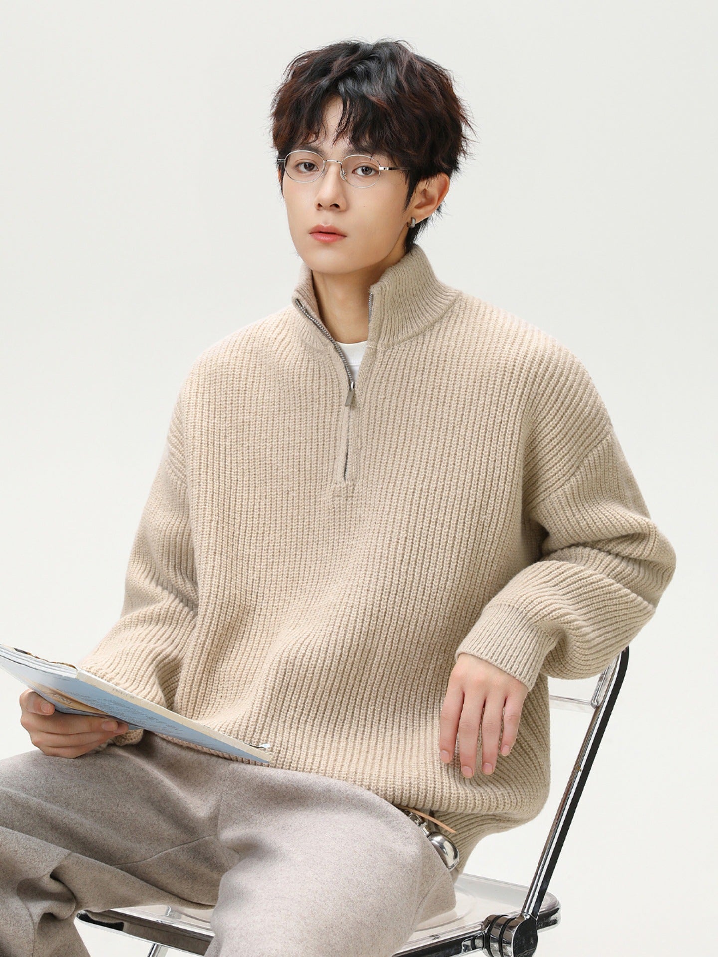 リブ編み ハイネックジップセーター