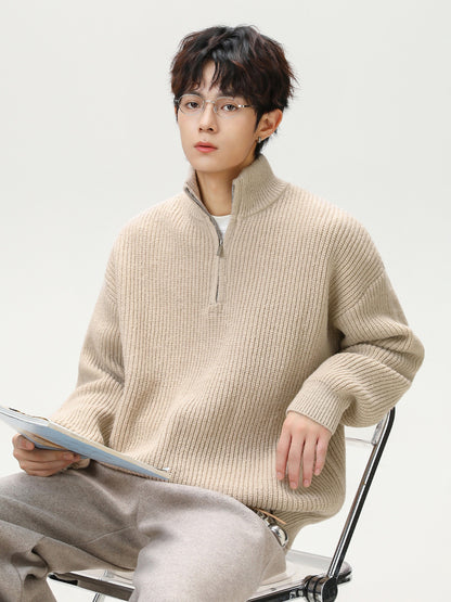 リブ編み ハイネックジップセーター