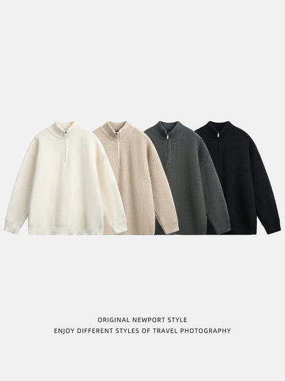 リブ編み ハイネックジップセーター